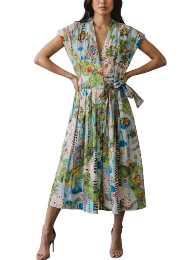 Love Binetti Tropical Print Midi Wrap Multicolor A Line Dress